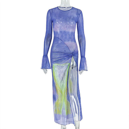 Long flared sleeve print mesh crewneck slit maxi dress | Festival Outfits Women