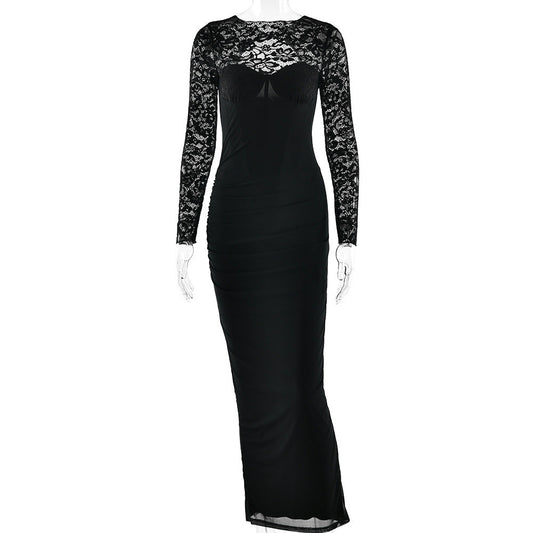 Crewneck long sleeve lace slit solid midi dress | Festival Outfits Women