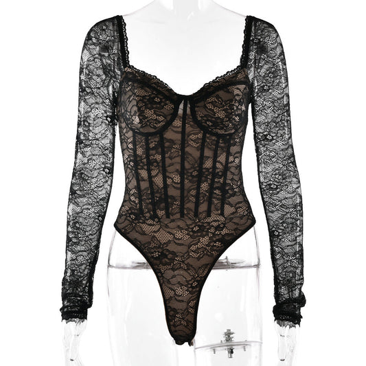 Long sleeve lace v neck button bodysuit | Festival Outfits Women