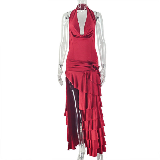 Cowl neck halter ruffle slit irregular maxi dress | Festival Outfits Women