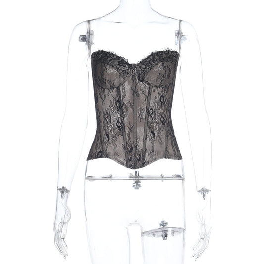 Sweetheart neck lace backless zip-up tube top | Festival Outfits Women