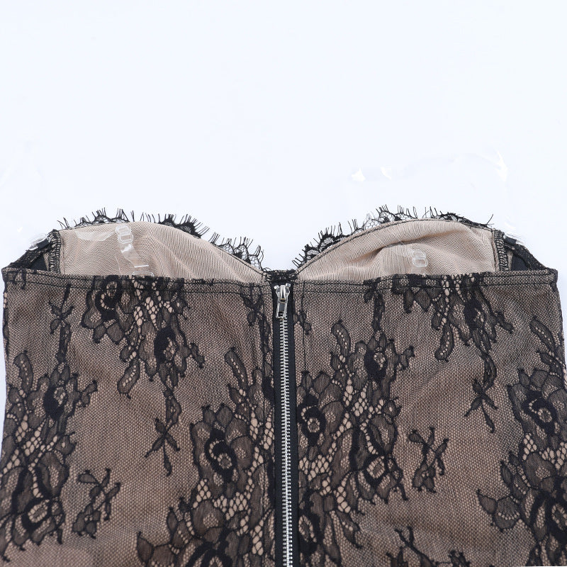 Sweetheart neck lace backless zip-up tube top | Festival Outfits Women