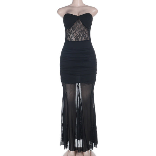 Mesh ruched tube backless solid maxi dress | Festival Outfits Women