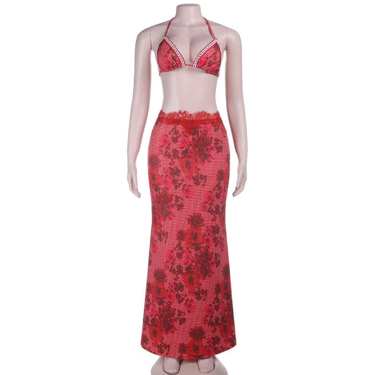 Self tie halter flower print lace hem maxi skirt set | Festival Outfits Women