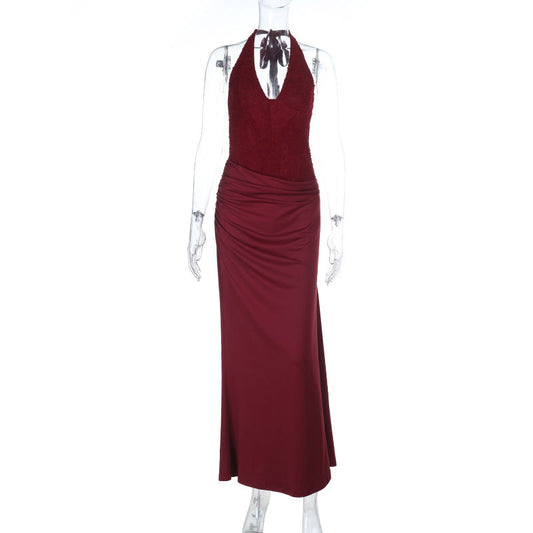 Halter self tie ruched v neck backless maxi dress | Festival Outfits Women