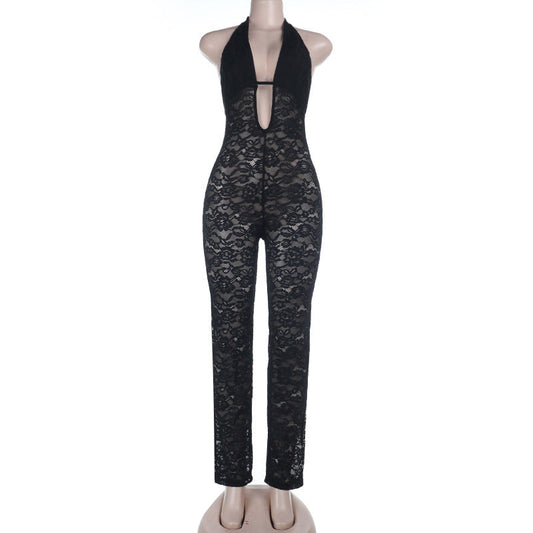 Hollow out lace halter self tie backless jumpsuit | Festival Outfits Women