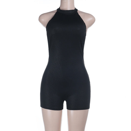 Halter button backless solid romper | Festival Outfits Women