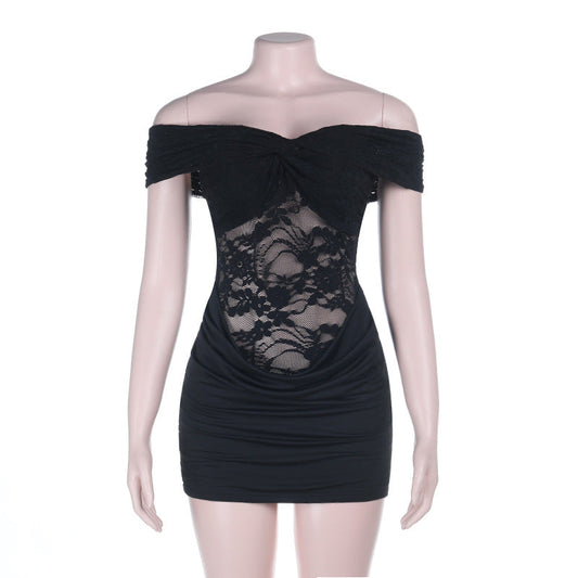 Off shoulder lace ruched solid mini dress | Festival Outfits Women