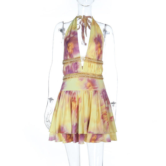 Halter self tie print deep v neck mini dress | Festival Outfits Women