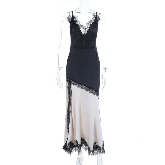 Lace hem v neck slit irregular cami maxi dress | Festival Outfits Women