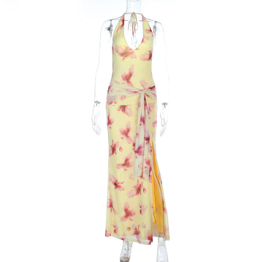 Slit flower print v neck halter self tie maxi dress | Festival Outfits Women