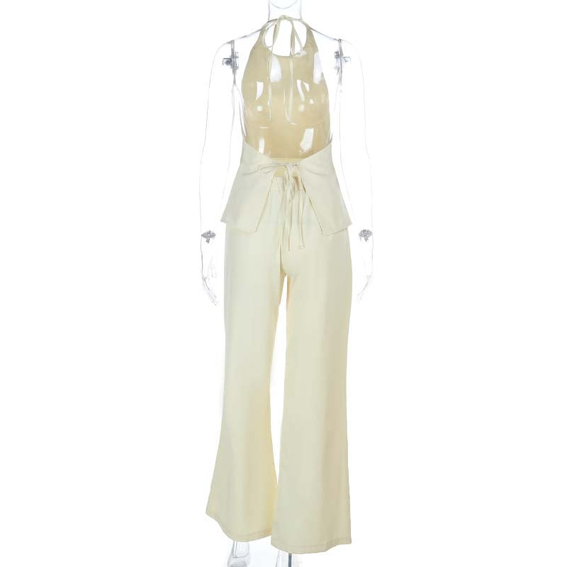 Crewneck self tie halter backless solid pant set | Festival Outfits Women