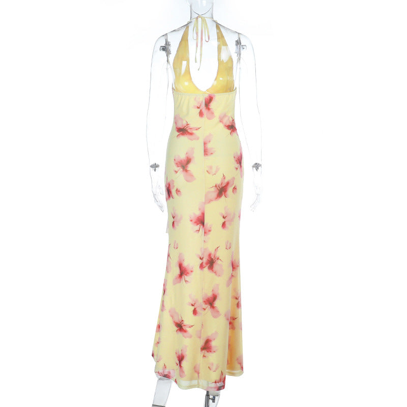 Slit flower print v neck halter self tie maxi dress | Festival Outfits Women