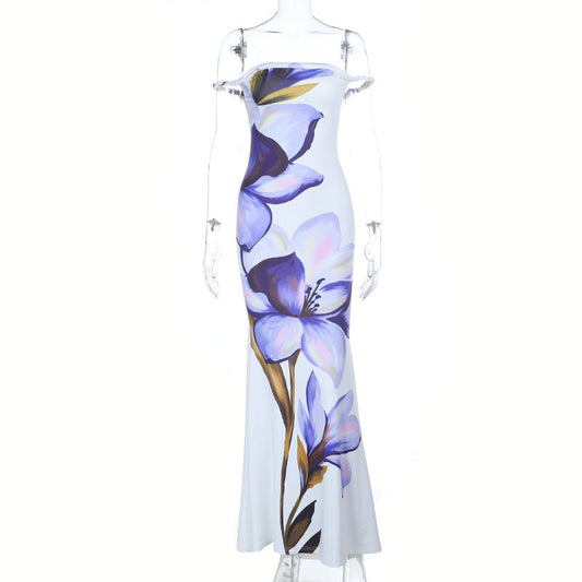 Off shoulder flower print backless tube maxi dress | Festival Outfits Women