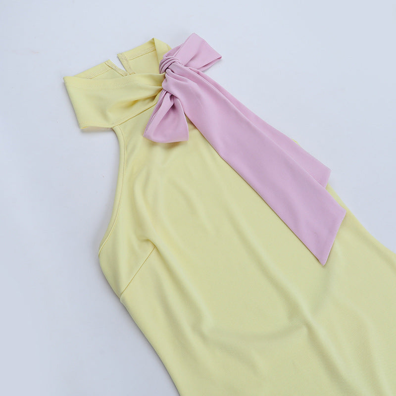 Bowknot self tie high neck backless mini dress | Festival Outfits Women