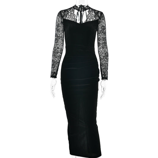 Lace long sleeve hollow out self tie slit midi dress | Festival Outfits Women