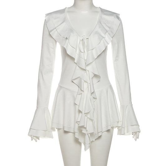Long flared sleeve ruffle v neck self tie mini dress | Festival Outfits Women