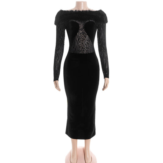 Long sleeve fluffy off shoulder slit midi dress | Festival Outfits Women