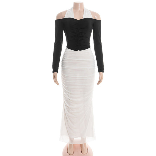 Ruched long sleeve halter self tie maxi dress | Festival Outfits Women