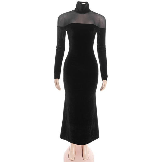 High neck long sleeve mesh velvet maxi dress | Festival Outfits Women