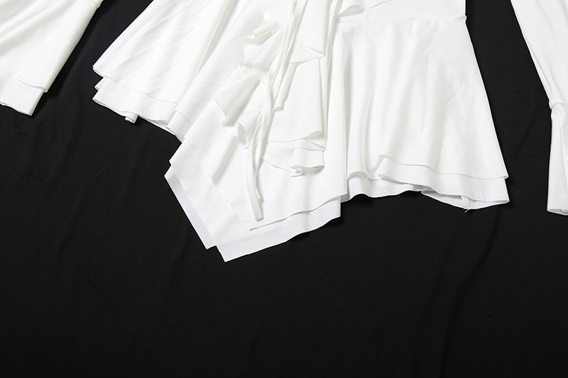 Long flared sleeve ruffle v neck self tie mini dress | Festival Outfits Women