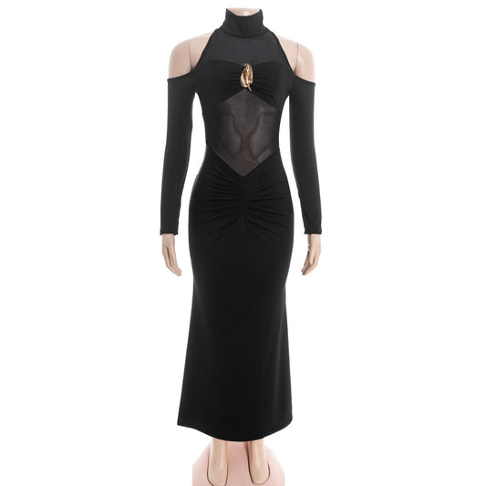 Long sleeve high neck hollow out mesh maxi dress | Festival Outfits Women