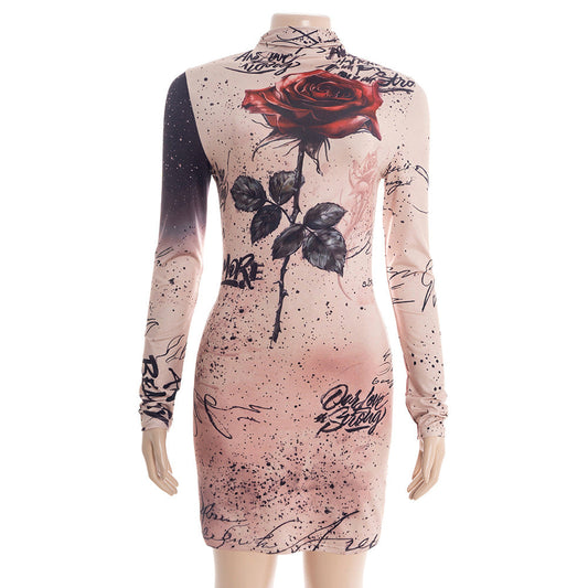 Long sleeve flower applique high neck mini dress | Festival Outfits Women