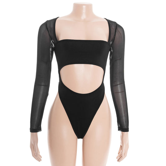 Mesh long sleeve button square neck hollow out bodysuit | Festival Outfits Women