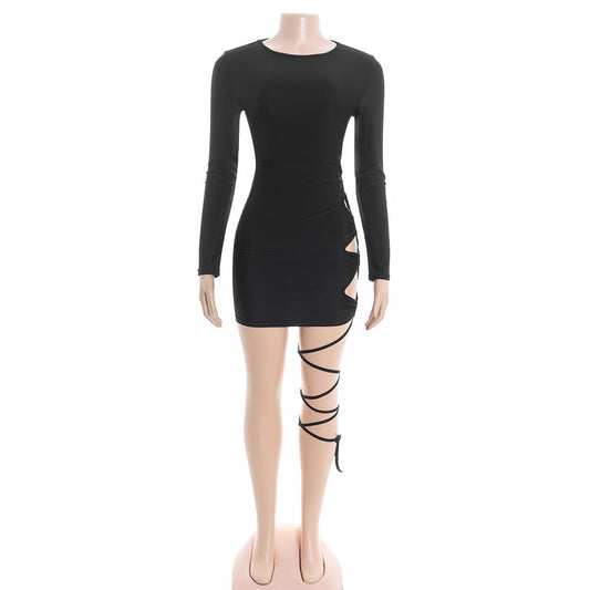 Long sleeve hollow out self tie crewneck mini dress | Festival Outfits Women