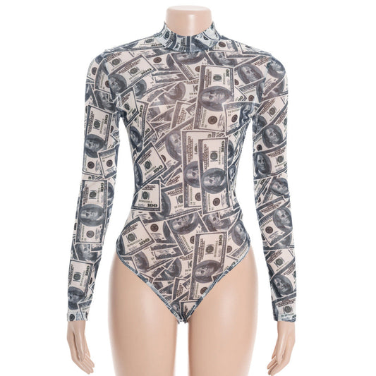 Sheer mesh US dollar print long sleeve bodysuit | Festival Outfits Women