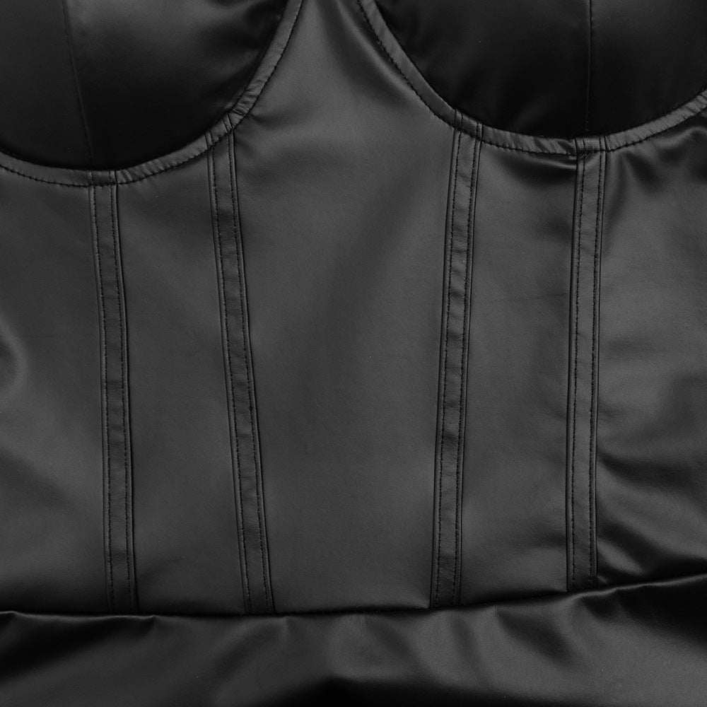 Pleated PU leather v neck backless cami mini dress | Festival Outfits Women