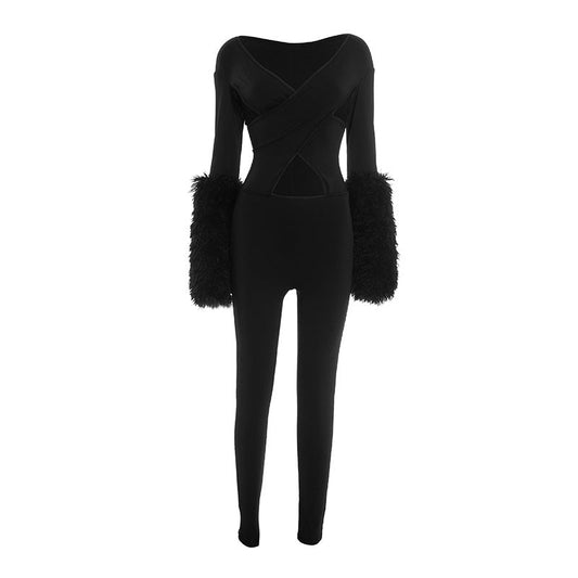 Hollow out long sleeve fluffy v neck jumpsuit | Festival Outfits Women