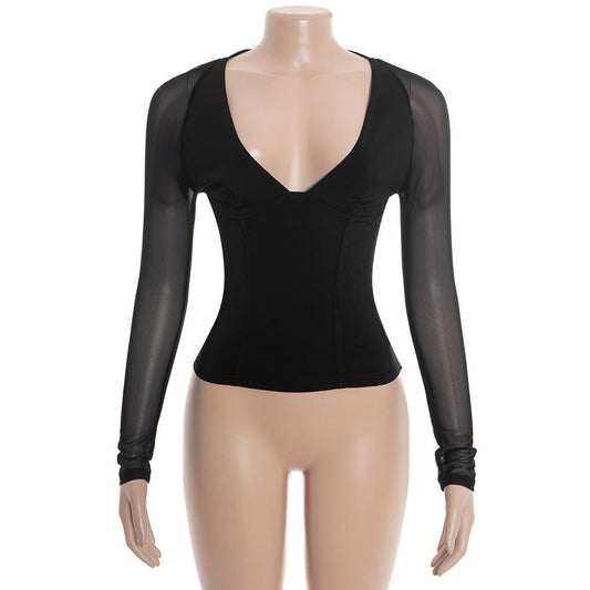 Mesh v neck long sleeve solid self tie top | Festival Outfits Women