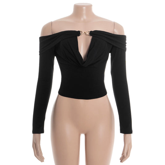Off shoulder long sleeve hollow out solid top | Festival Outfits Women