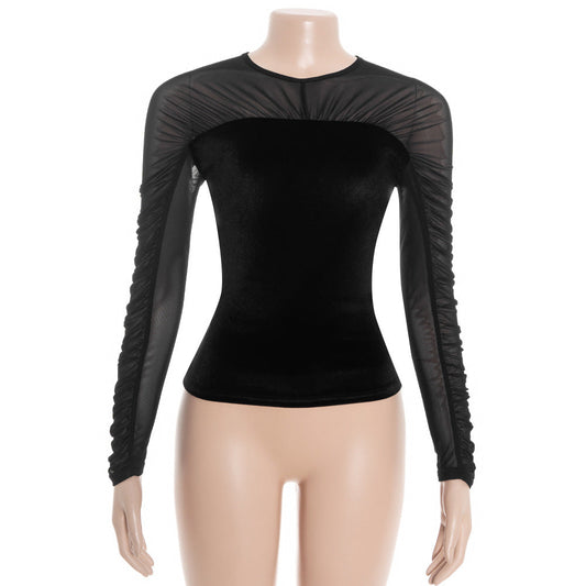 Crewneck button long sleeve ruched mesh top | Festival Outfits Women