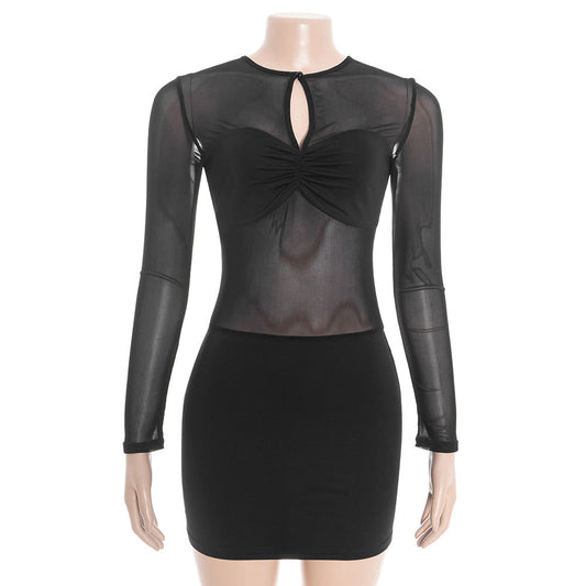 Long sleeve crewneck hollow out ruched mesh mini dress | Festival Outfits Women