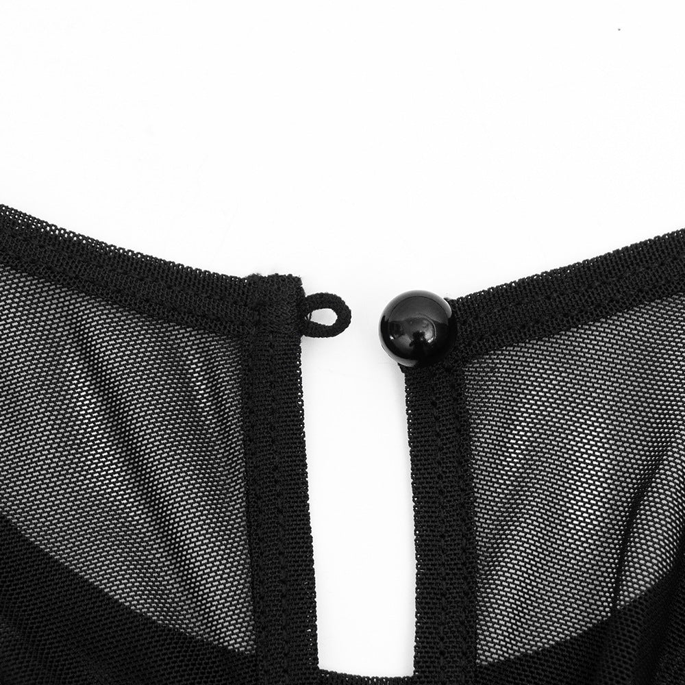 Crewneck button long sleeve ruched mesh top | Festival Outfits Women
