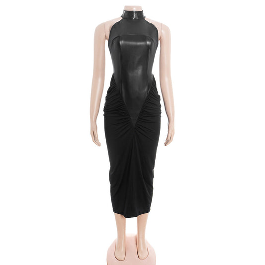 Ruched PU leather crewneck zip-up midi dress | Festival Outfits Women