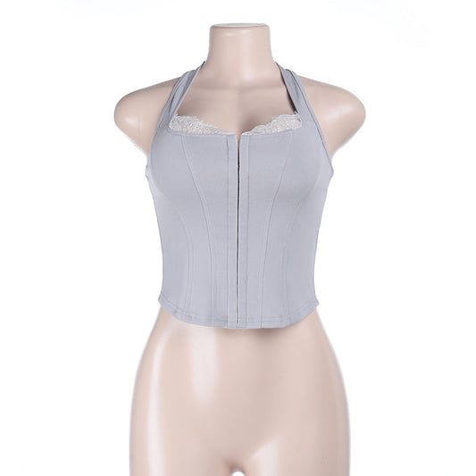 Lace hem self tie halter corset backless top | Festival Outfits Women