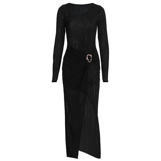 Long sleeve slit ruched irregular midi dress | Festival Outfits Women