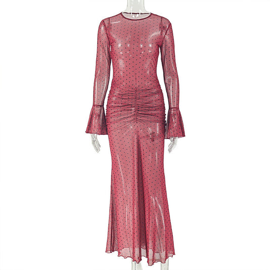 Polka dot long flared sleeve ruched sheer mesh maxi dress | Festival Outfits Women