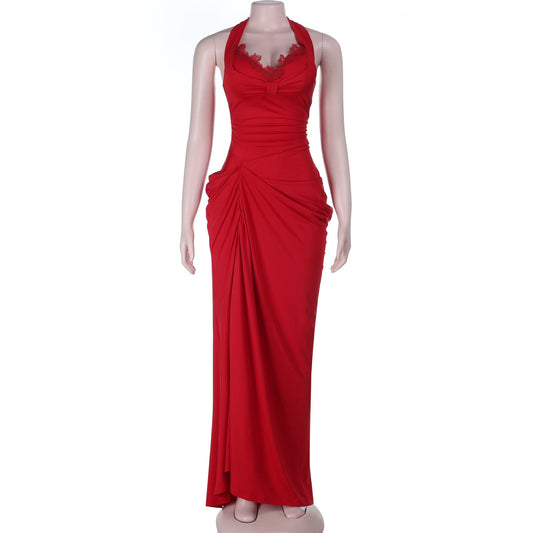 Ruched slit halter self tie v neck maxi dress | Festival Outfits Women