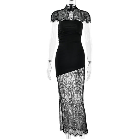 High neck lace hem shrug backless 2 piece midi dress | Festival Outfits Women