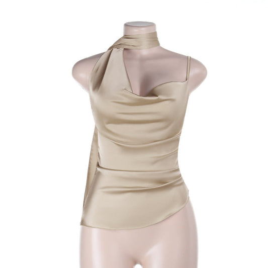 Cowl neck irregular pleated zip-up cami top | Festival Outfits Women
