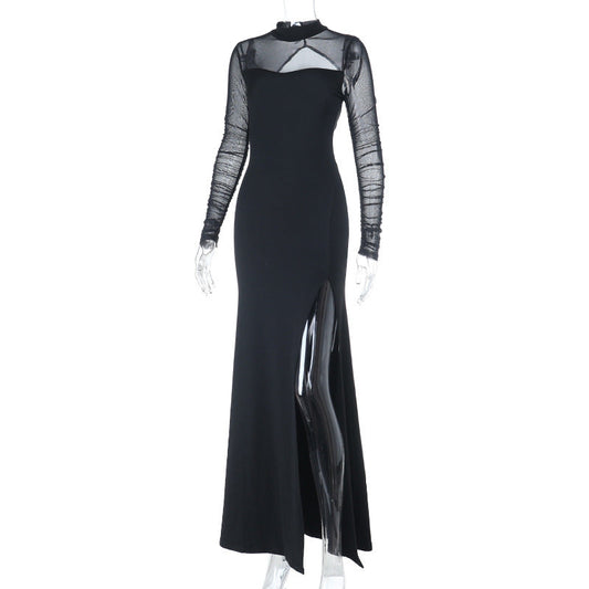 Long sleeve crewneck slit solid mesh maxi dress | Festival Outfits Women