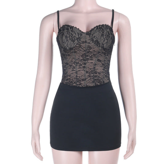 Lace up v neck lace backless cami mini dress | Festival Outfits Women