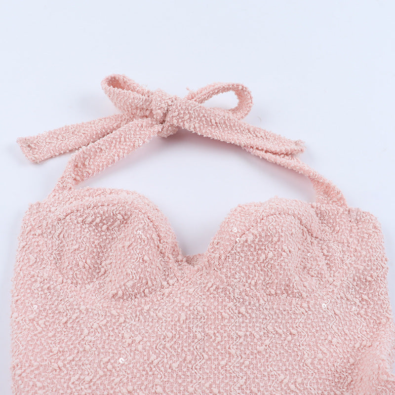 Self tie halter bowknot zip-up v neck mini dress | Festival Outfits Women