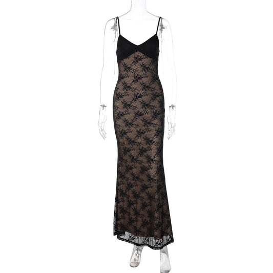 V neck lace backless cami maxi dress | Festival Outfits Women