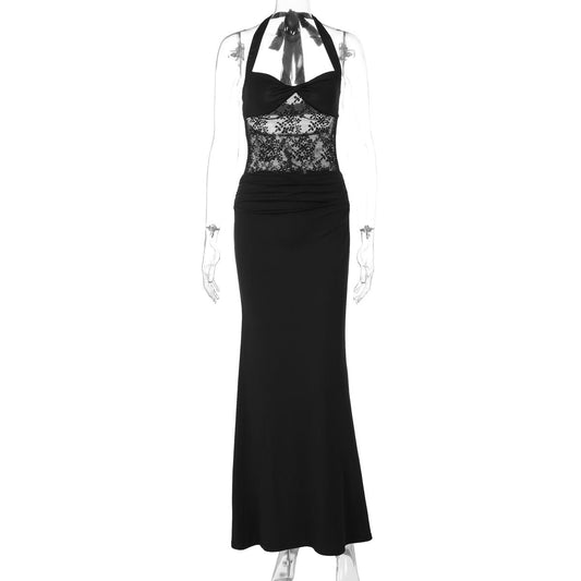 Lace patchwork halter self tie solid maxi dress | Festival Outfits Women