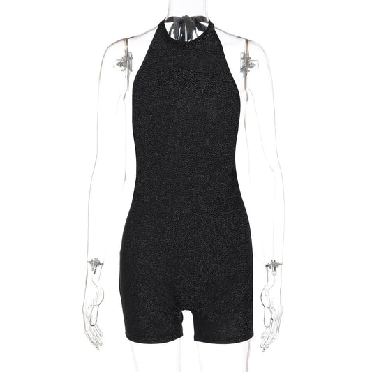 Halter self tie backless crewneck solid romper | Festival Outfits Women